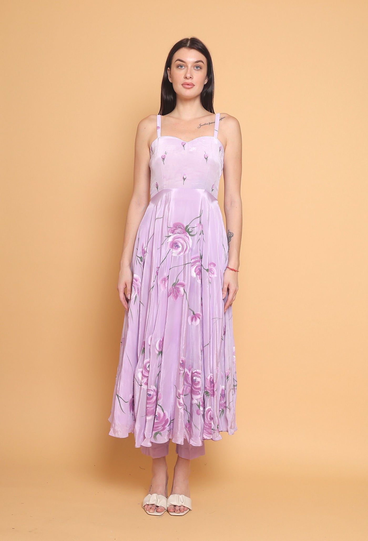 Artistic Hand-Painted Lavender Flared Dress by Destiny By Anjali - Pure Organza Elegance with Unique Floral Design, Fully Lined and Stitched. A Celebratory Ensemble for Timeless Women's Fashion