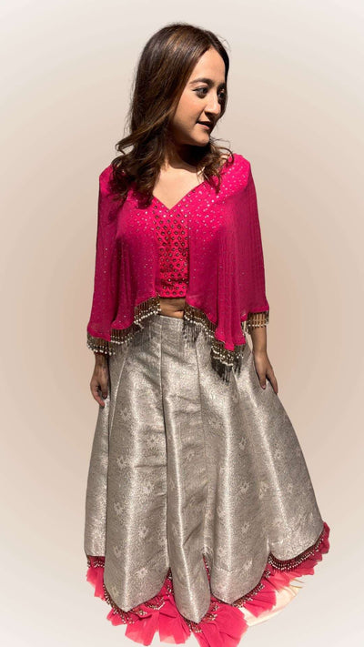 Gray Cut Work Lehenga with Bell Sleves and Drop Pendant Style Crop Top