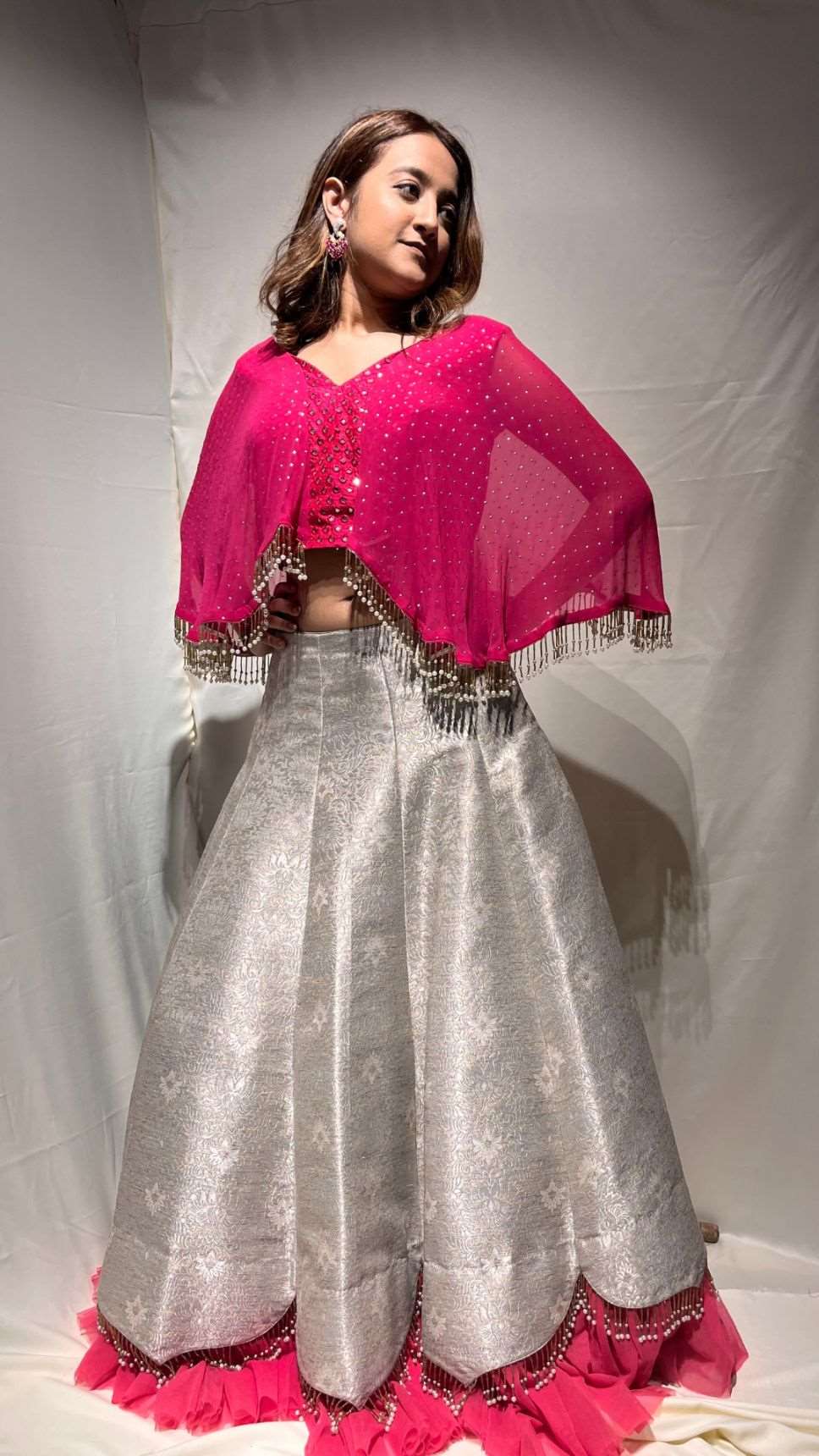 Gray Cut Work Lehenga with Bell Sleves and Drop Pendant Style Crop Top