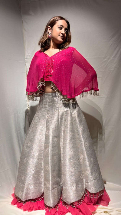 Gray Cut Work Lehenga with Bell Sleves and Drop Pendant Style Crop Top