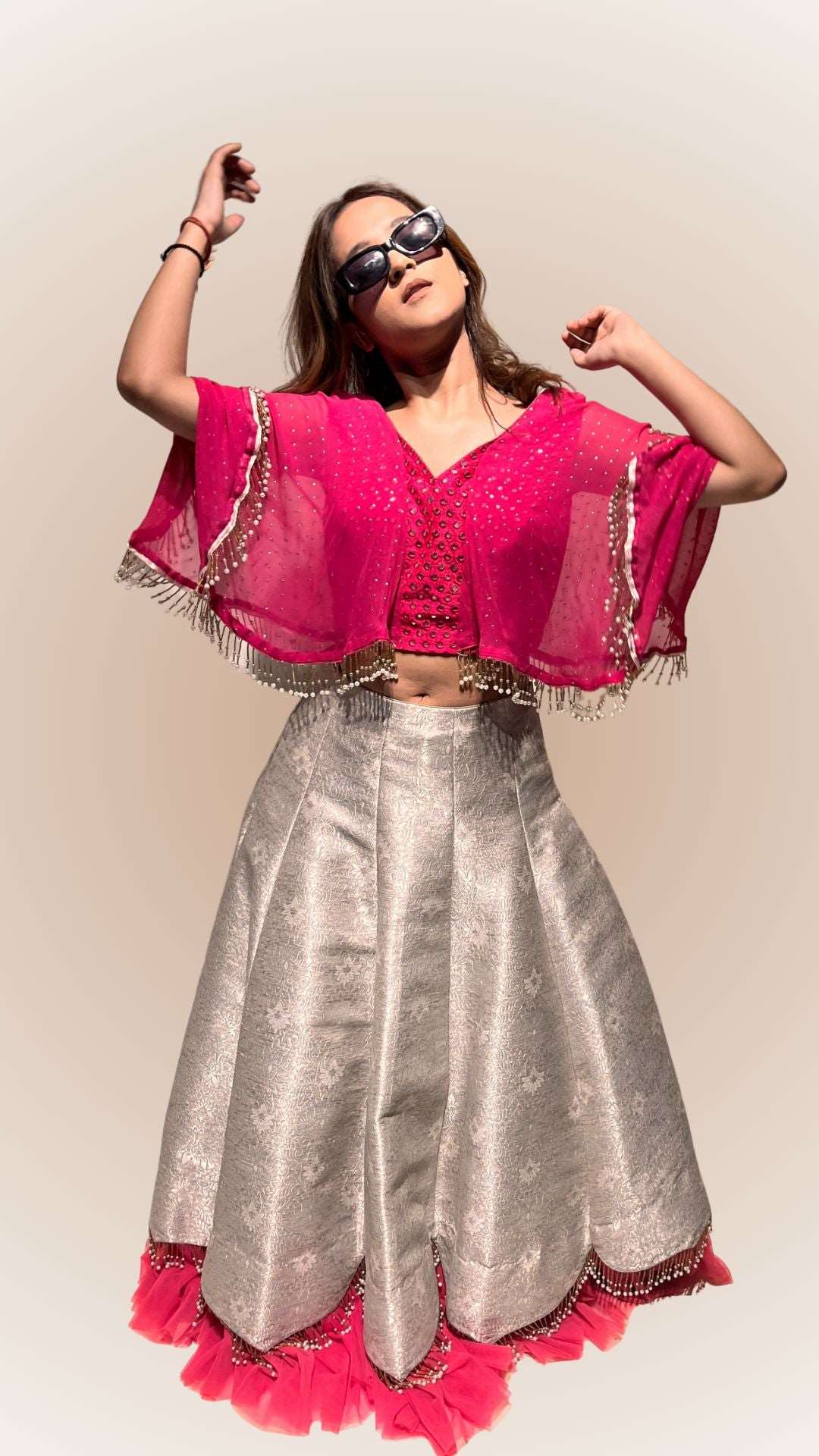 Gray Cut Work Lehenga with Bell Sleves and Drop Pendant Style Crop Top