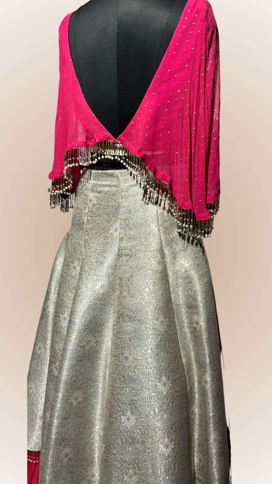 Gray Cut Work Lehenga with Bell Sleves and Drop Pendant Style Crop Top