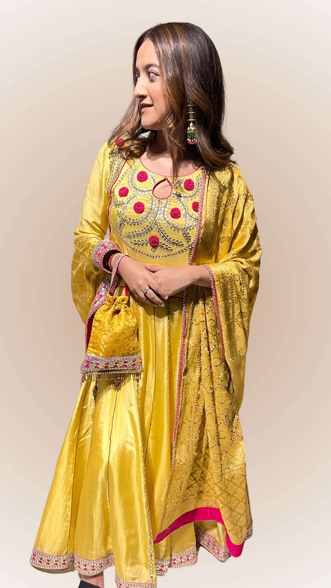 Full Image glowing yellow Anarkali Suit. Upada Silk with Thread and Handmade Gotta Design. Haldi Outfit Destiny by Anjali