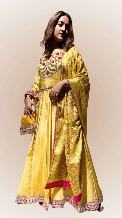 Aesthetic glowing yellow Anarkali Suit. Upada Silk with Thread and Handmade Gotta Design. Haldi Outfit Destiny by Anjali