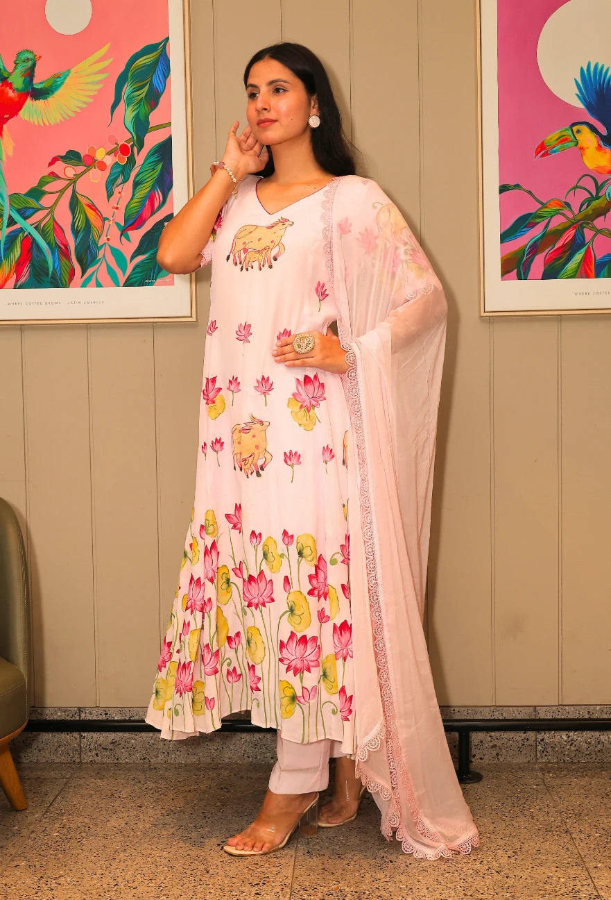 Lotus Reverie from Destiny by Anjali, a stunning designer traditional suit crafted from soft cotton. This baby pink ensemble features beautiful hand-painted lotus flowers that add a touch of elegance and charm. Fully lined and designed for all-weather comfort, this piece is a trending choice for occasion wear. Whether attending a festive celebration or a casual gathering, this suit is perfect for all occasions, seamlessly blending traditional artistry with modern style.