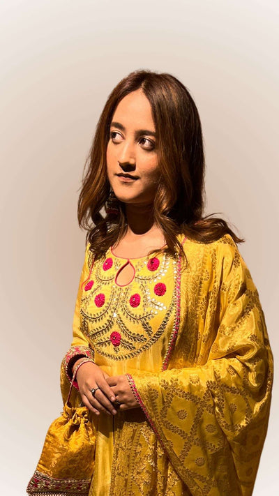 Gorgeous yellow Anarkali Suit. Upada Silk with Thread and Handmade Gotta Design. Haldi Outfit Destiny by Anjali