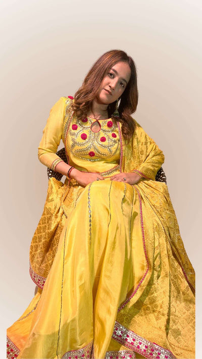 glowing yellow Anarkali Suit. Upada Silk with Thread and Handmade Gotta Design. Haldi Outfit