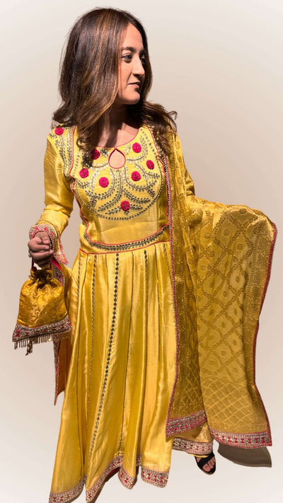 Enriching yellow Anarkali Suit. Upada Silk with Thread and Handmade Gotta Design. Haldi Outfit Destiny by Anjali