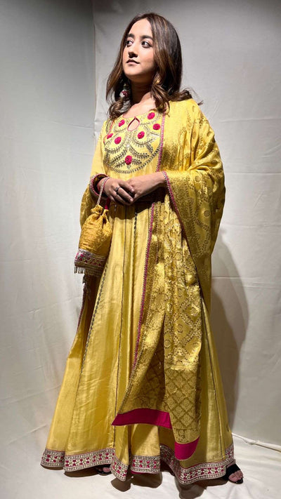 glowing yellow Anarkali Suit. Upada Silk with Thread and Handmade Gotta Design. Haldi Outfit Destiny by Anjali