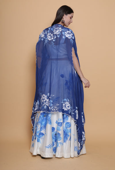 Destiny By Anjali Celestial Elegance White Hand Painted Skirt Top Set with Blue Cape - Unique Designer Ensemble for Special Occasions."