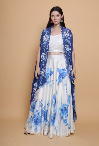 Celestial Flowers : White Hand Painted Skirt Top Set with Blue Cape