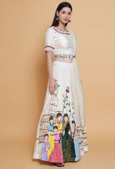 "Destiny By Anjali Elysian Dreams Cream Lehenga - Hand-Painted and Embroidered Bridal Attire."