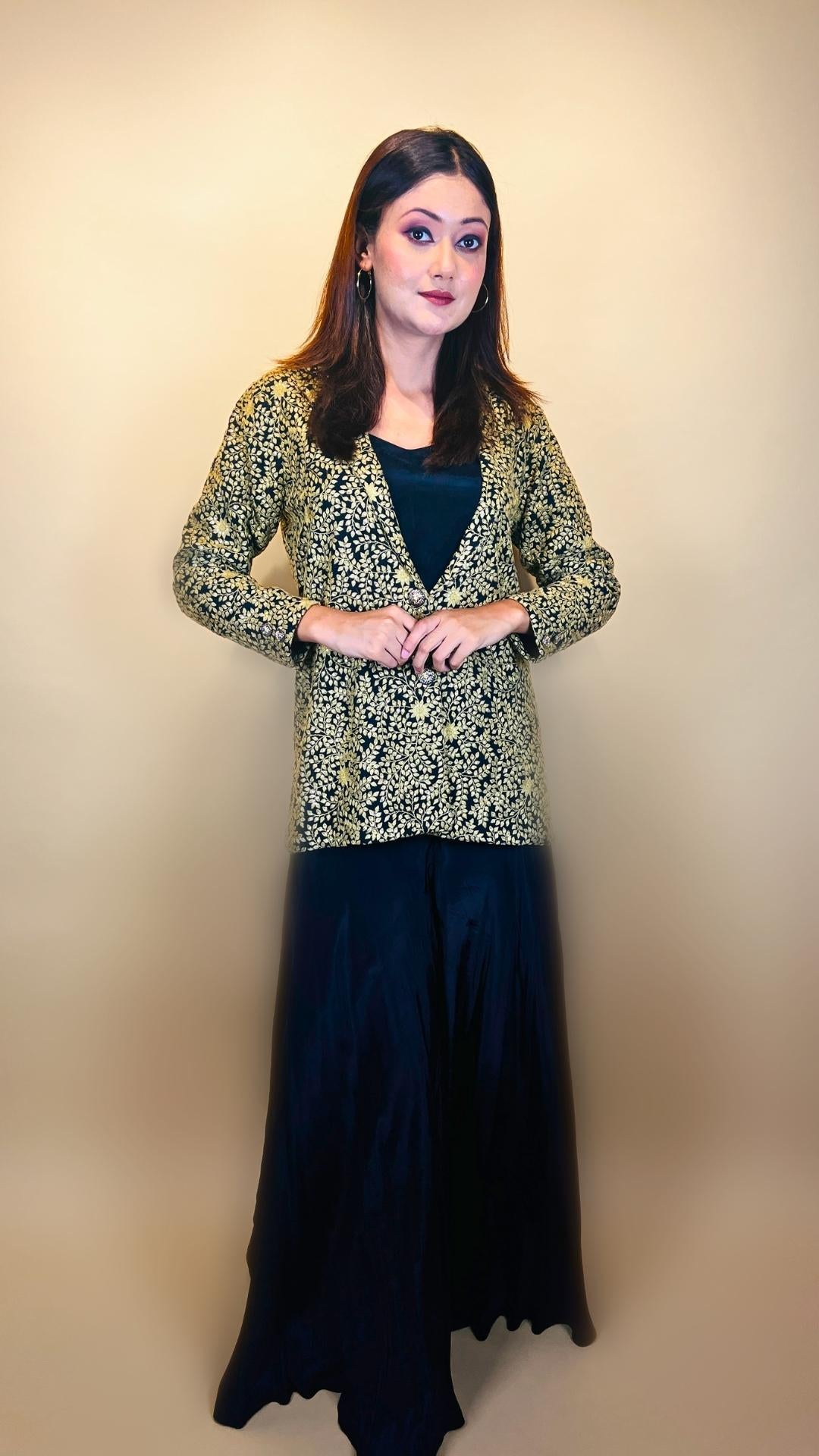 Golden Embroidered Black Blazer with Bustier and Accordion Skirt by Destiny By Anjali - Trending, Ravishing, Flawless Designer Western Dress with Tweed Skirt and Blazer Set