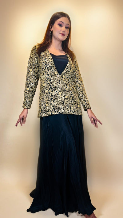 Golden Embroidered Black Blazer with Bustier and Accordion Skirt by Destiny By Anjali - Trending, Ravishing, Flawless Designer Western Dress with Tweed Skirt and Blazer Set