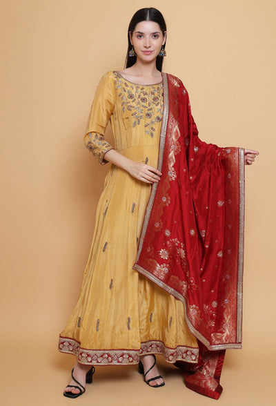 Destiny By Anjali Regal Splendor Gold Anarkali Suit - Hand-Embroidered Dabka Details, Silk Dupatta for Elegant Occasions