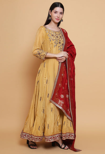 Destiny By Anjali Regal Splendor Gold Anarkali Suit - Hand-Embroidered Dabka Details, Silk Dupatta for Elegant Occasions