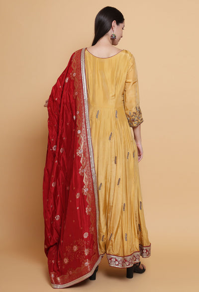 Destiny By Anjali Regal Splendor Gold Anarkali Suit - Hand-Embroidered Dabka Details, Silk Dupatta for Elegant Occasions