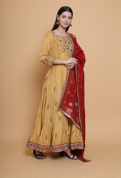 Destiny By Anjali Regal Splendor Gold Anarkali Suit - Hand-Embroidered Dabka Details, Silk Dupatta for Elegant Occasions