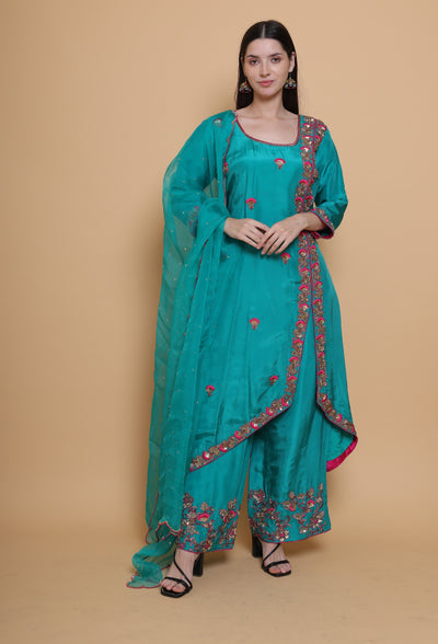 Destiny By Anjali Emerald Elegance Green A-Line Suit - Hand-Embroidered Slit Cut Ensemble in Pure Crepe