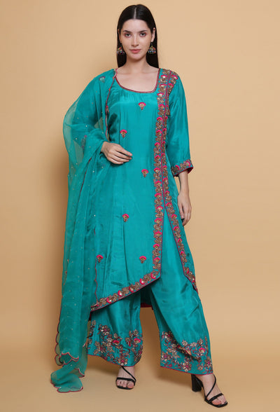 Destiny By Anjali Emerald Elegance Green A-Line Suit - Hand-Embroidered Slit Cut Ensemble in Pure Crepe