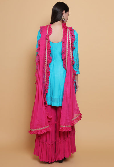 Oceanic Tradition - Suit with Sharara Pants and Ruffle Dupatta