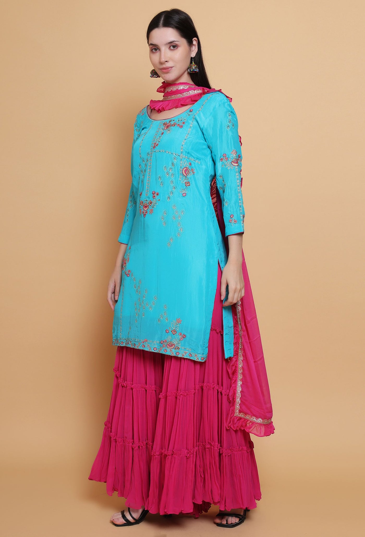 Oceanic Tradition - Suit with Sharara Pants and Ruffle Dupatta