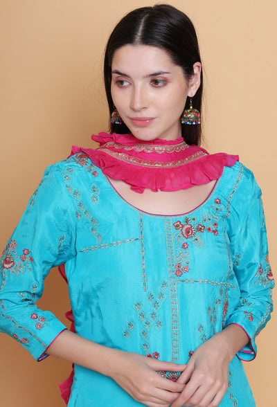 Oceanic Tradition - Suit with Sharara Pants and Ruffle Dupatta