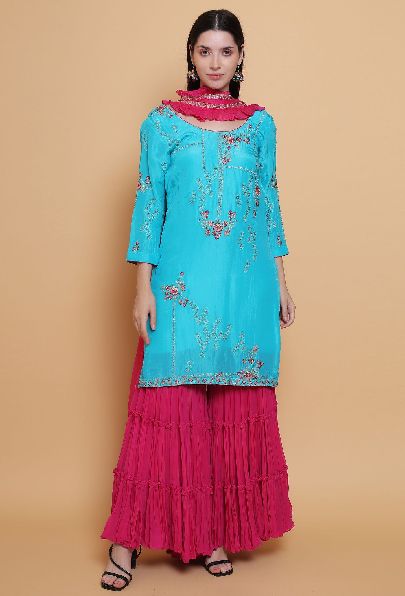 Oceanic Tradition - Suit with Sharara Pants and Ruffle Dupatta