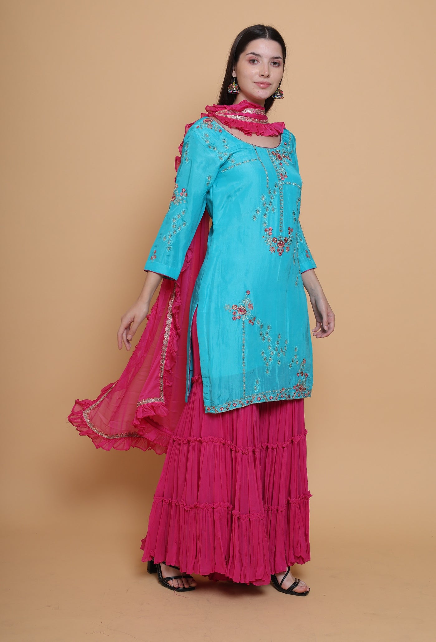 Oceanic Tradition - Suit with Sharara Pants and Ruffle Dupatta