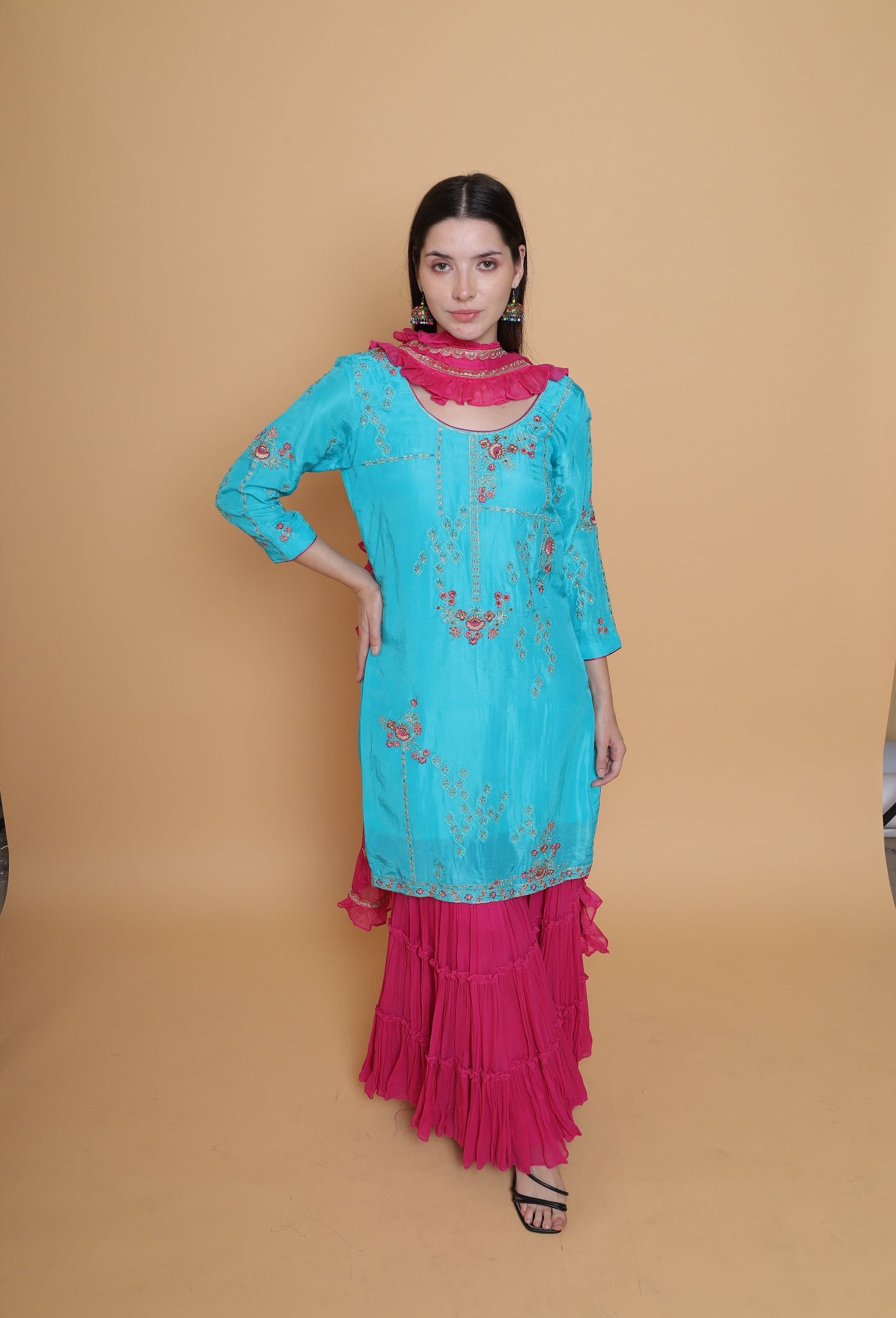 Oceanic Tradition - Suit with Sharara Pants and Ruffle Dupatta