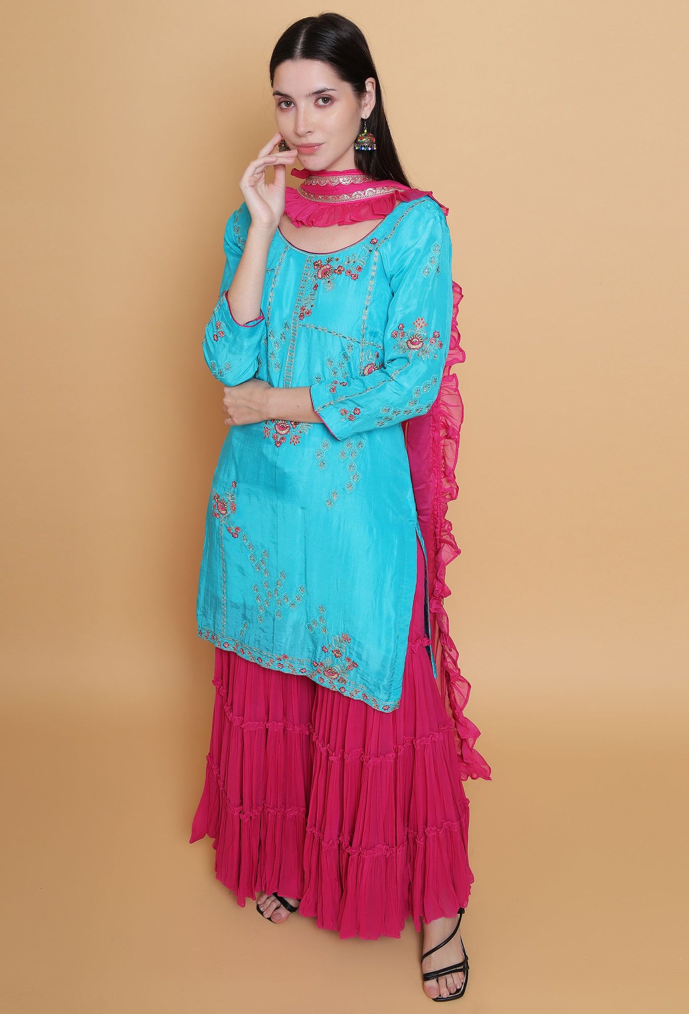 Oceanic Tradition - Suit with Sharara Pants and Ruffle Dupatta