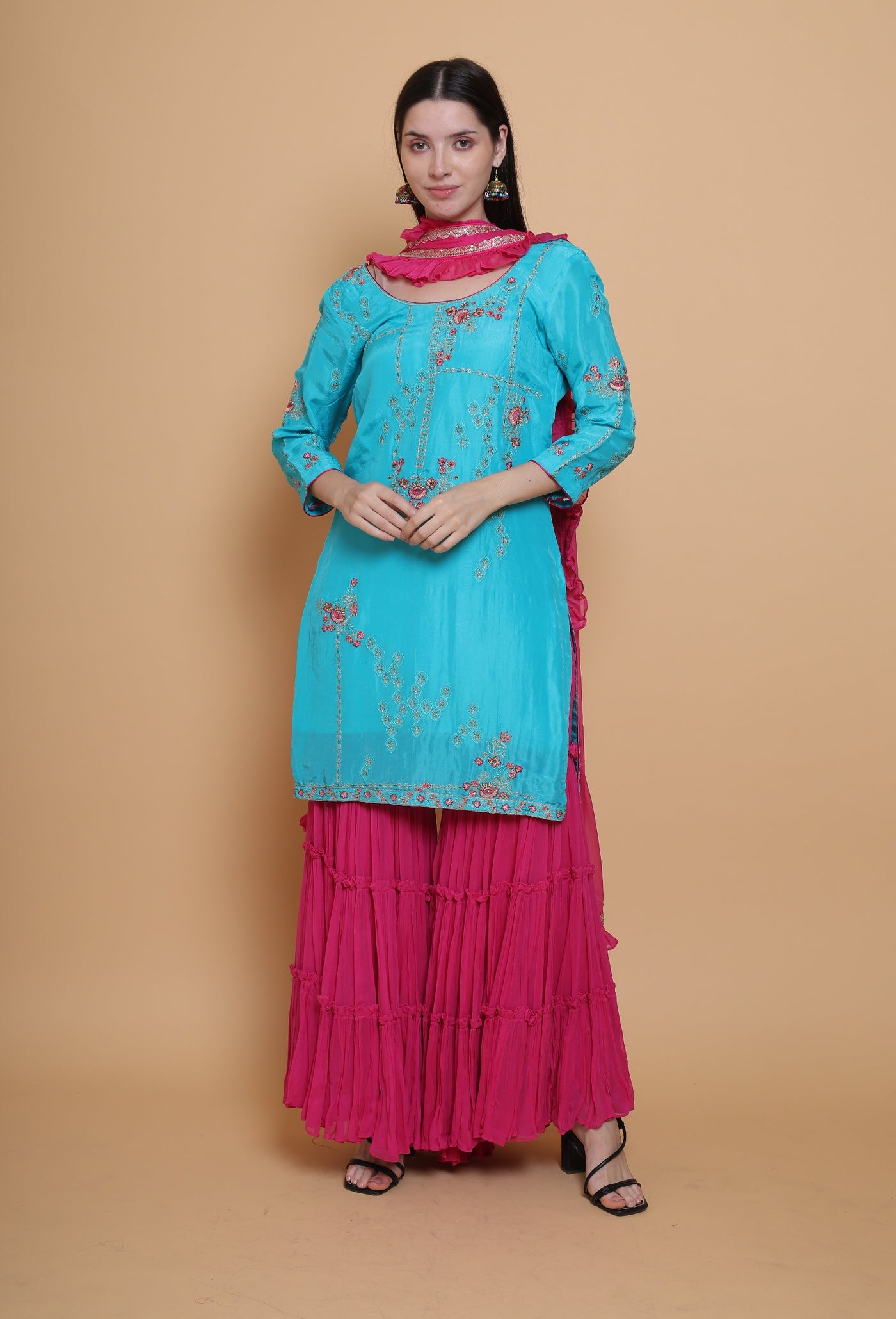 Oceanic Tradition - Suit with Sharara Pants and Ruffle Dupatta