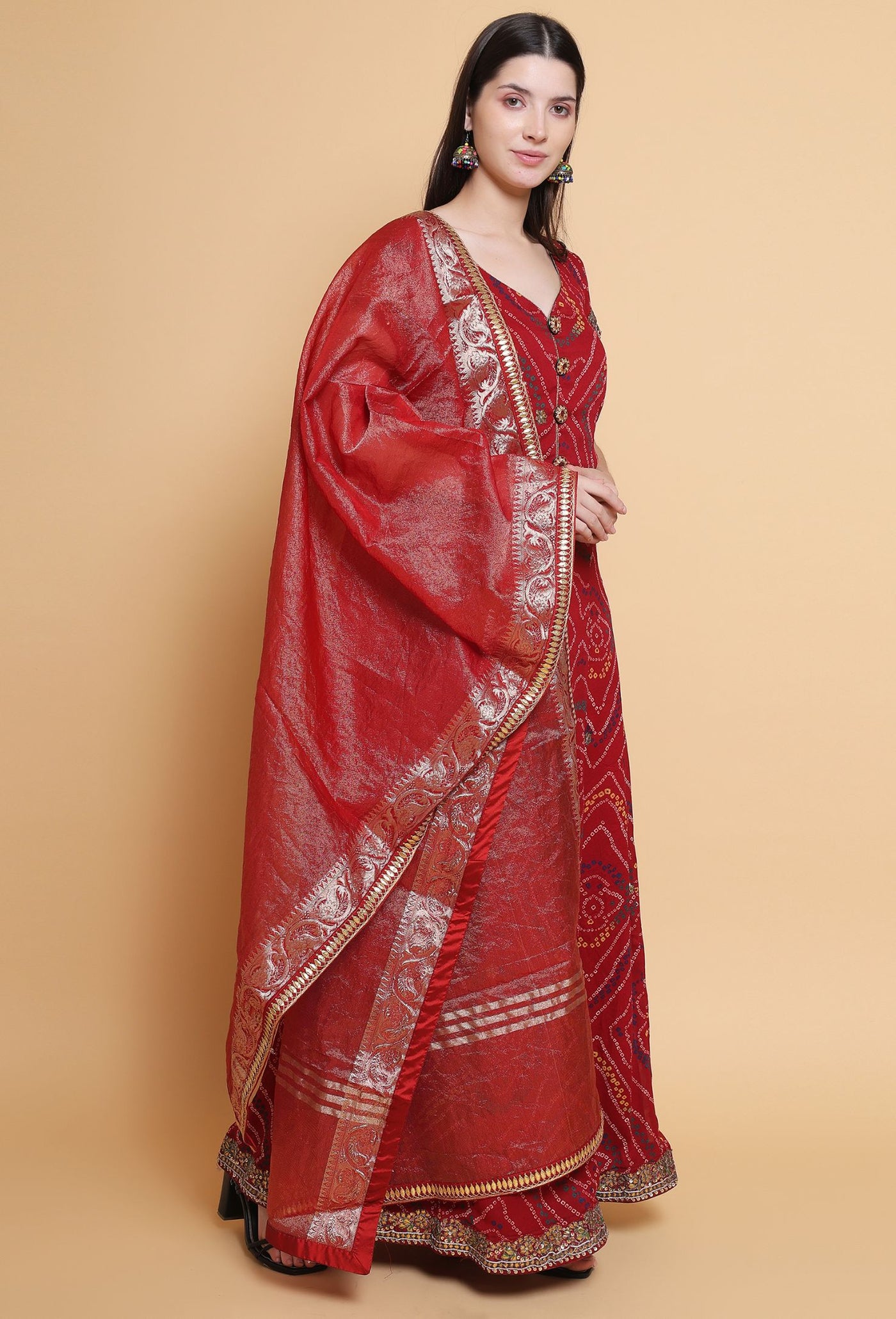 Destiny By Anjali Traditional Bandhani Long Suit with Pure Silk Dupatta - Classic Elegance in Every Thread."