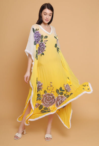 Hand Painted Yellow Floral Kaftan by Destiny By Anjali - A Unique Designer Dress on Pure Georgette Fabric with Exquisite Hand-Painted Floral Design, Offering Unparalleled Handcrafted Elegance