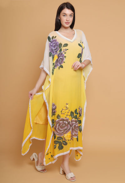 Hand Painted Yellow Floral Kaftan by Destiny By Anjali - A Unique Designer Dress on Pure Georgette Fabric with Exquisite Hand-Painted Floral Design, Offering Unparalleled Handcrafted Elegance