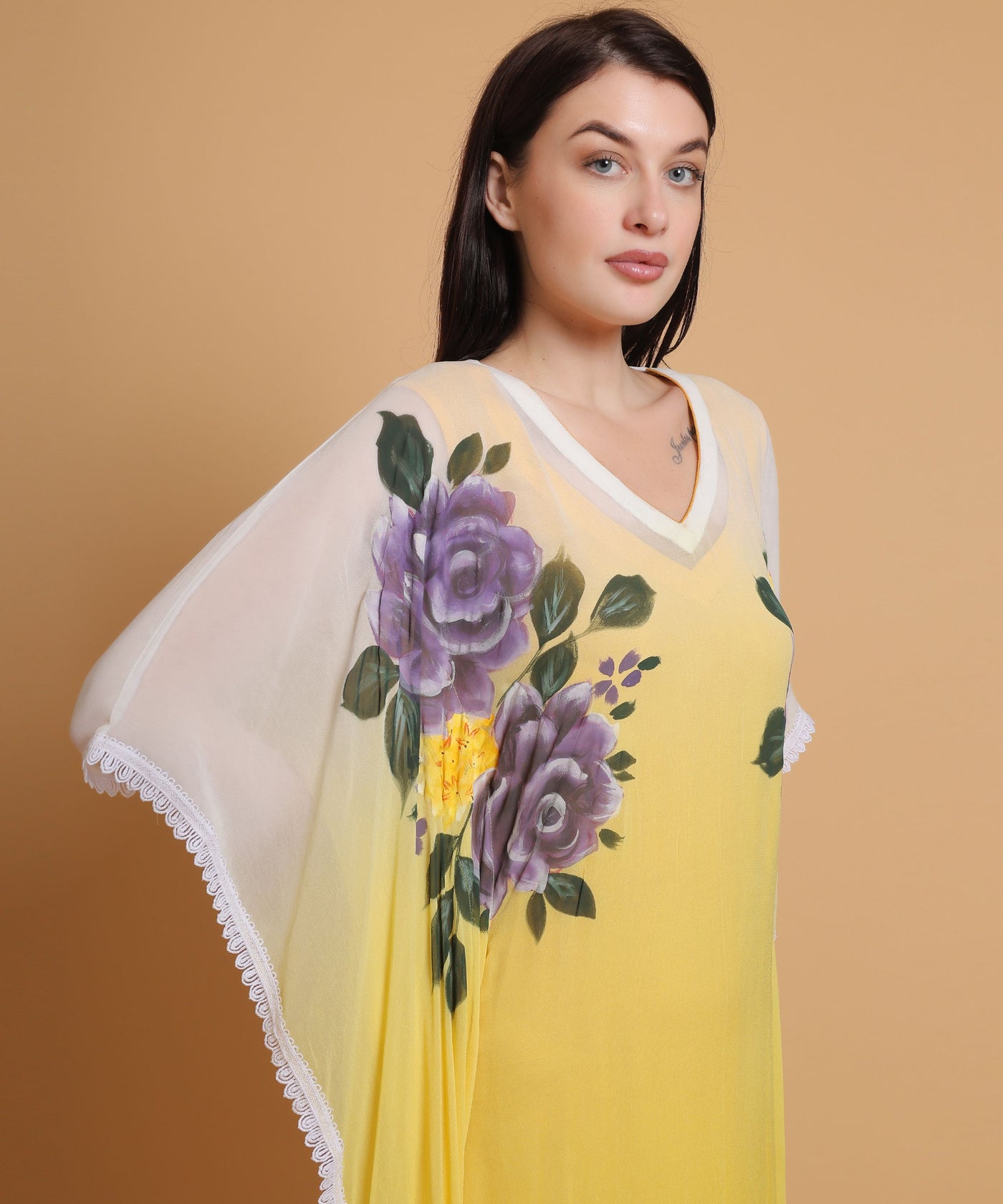 Hand Painted Yellow Floral Kaftan by Destiny By Anjali - A Unique Designer Dress on Pure Georgette Fabric with Exquisite Hand-Painted Floral Design, Offering Unparalleled Handcrafted Elegance