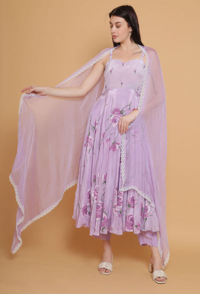 Artistic Hand-Painted Lavender Flared Dress by Destiny By Anjali - Pure Organza Elegance with Unique Floral Design, Fully Lined and Stitched. A Celebratory Ensemble for Timeless Women's Fashion