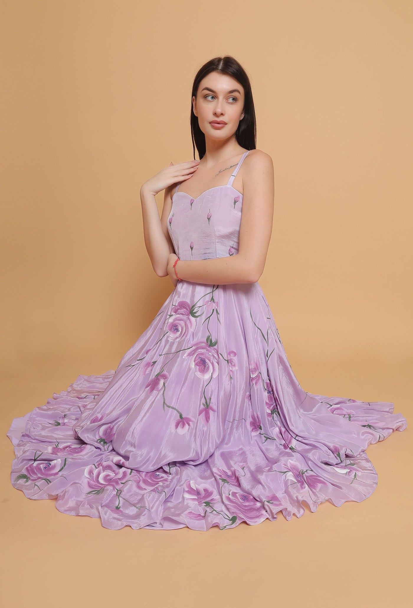 Artistic Hand-Painted Lavender Flared Dress by Destiny By Anjali - Pure Organza Elegance with Unique Floral Design, Fully Lined and Stitched. A Celebratory Ensemble for Timeless Women's Fashion