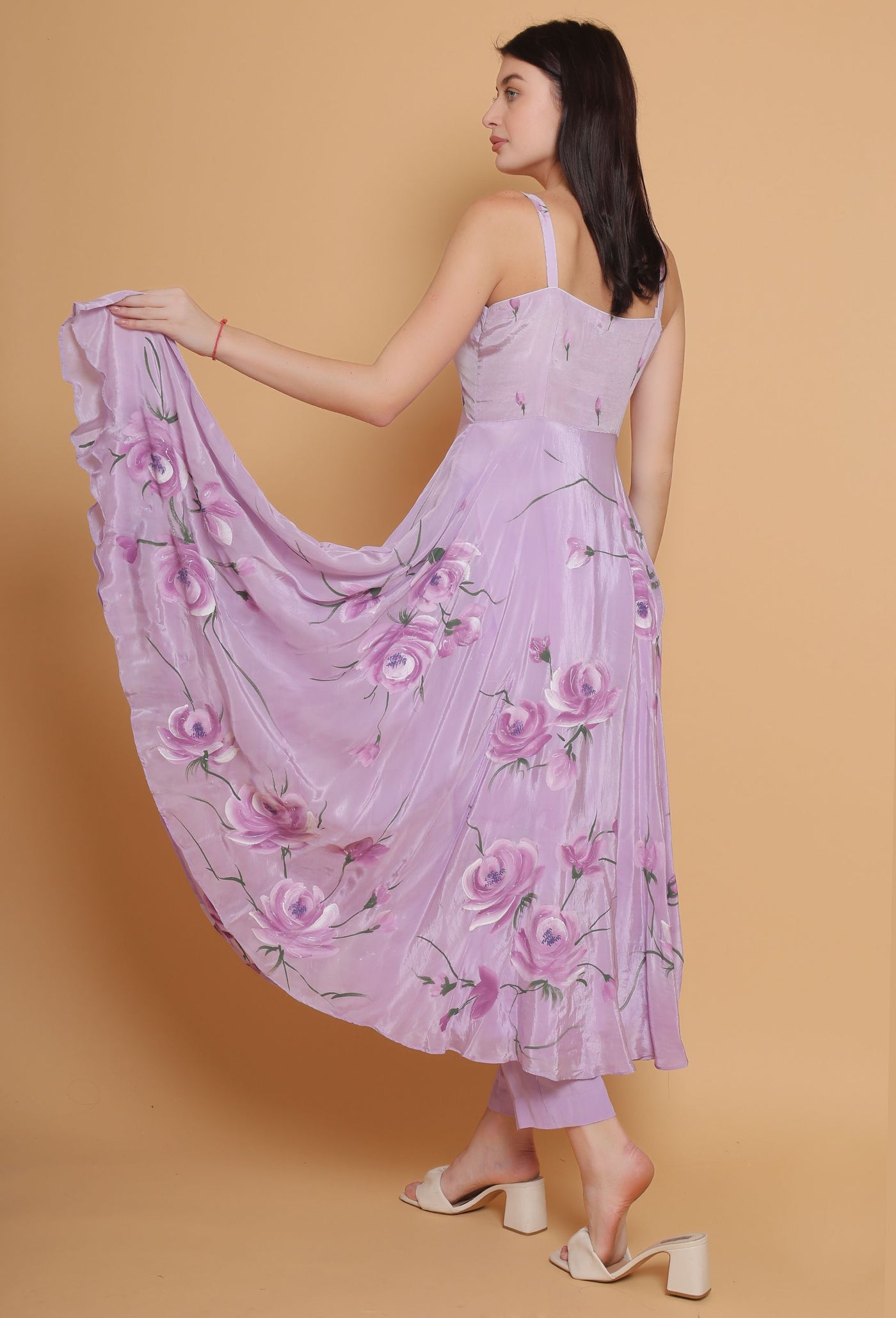 Artistic Hand-Painted Lavender Flared Dress by Destiny By Anjali - Pure Organza Elegance with Unique Floral Design, Fully Lined and Stitched. A Celebratory Ensemble for Timeless Women's Fashion