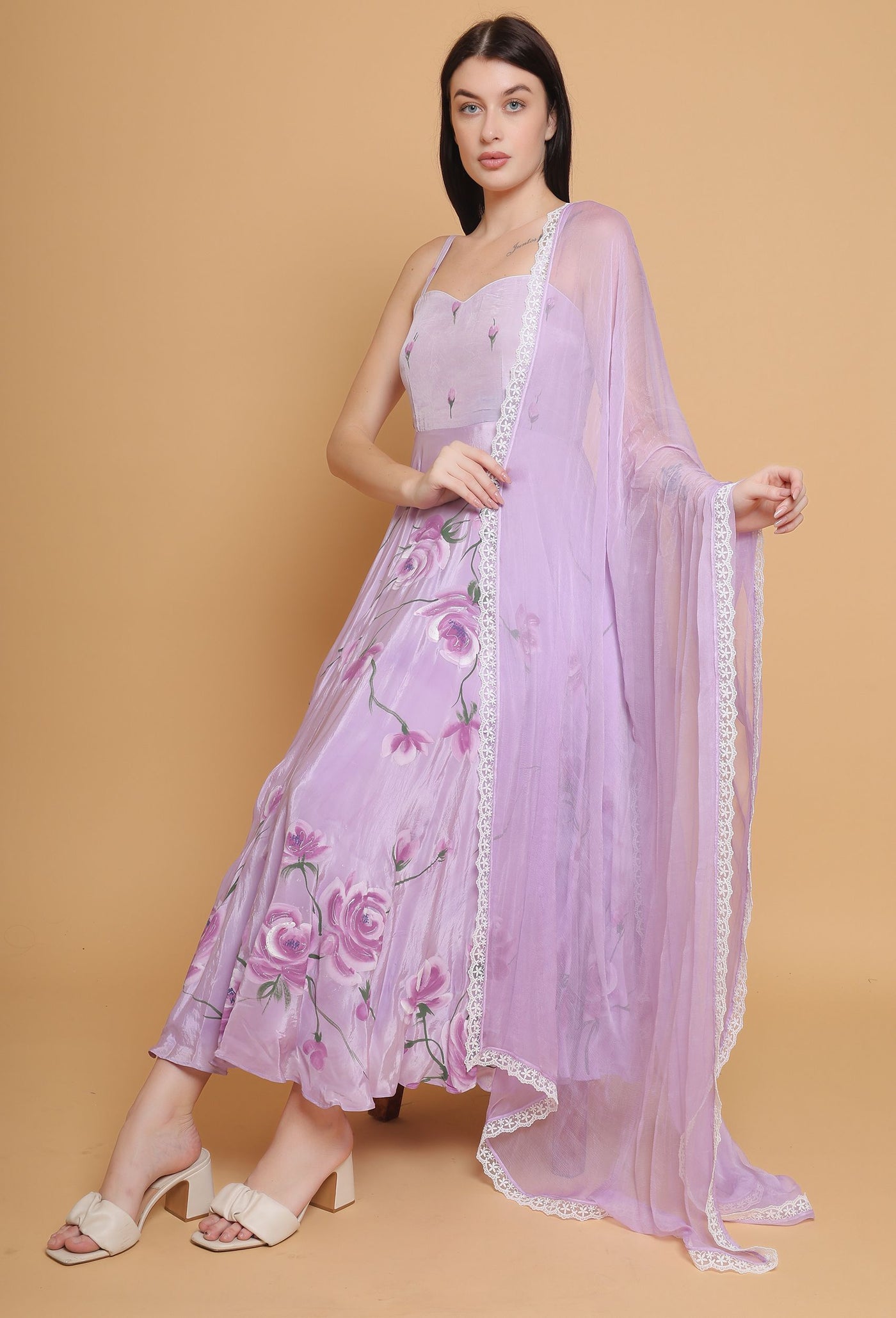 Artistic Hand-Painted Lavender Flared Dress by Destiny By Anjali - Pure Organza Elegance with Unique Floral Design, Fully Lined and Stitched. A Celebratory Ensemble for Timeless Women's Fashion