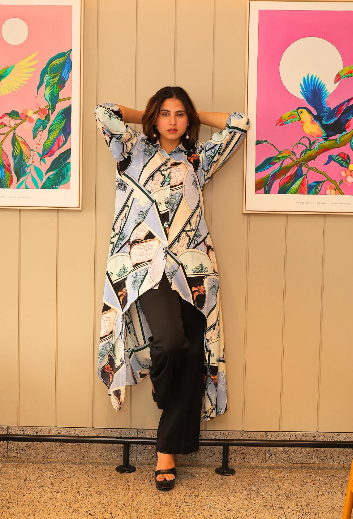 the Jahan Chromatic long tail shirt with pants by Destiny by Anjali. Designed for the modern woman, this piece from Destiny By Anjali features an abstract, modern digital print on lightweight double georgette fabric. Make a statement and elevate your style with this exclusive, artistic ensemble. Made with double georgette fabric, intricate and elegant long tail pattern coupled with textured flare pants.