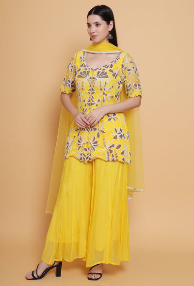 Destiny By Anjali Golden Aura Bright Yellow Suit - Hand-Embroidered Cut Stone Ensemble for Elegant Occasions