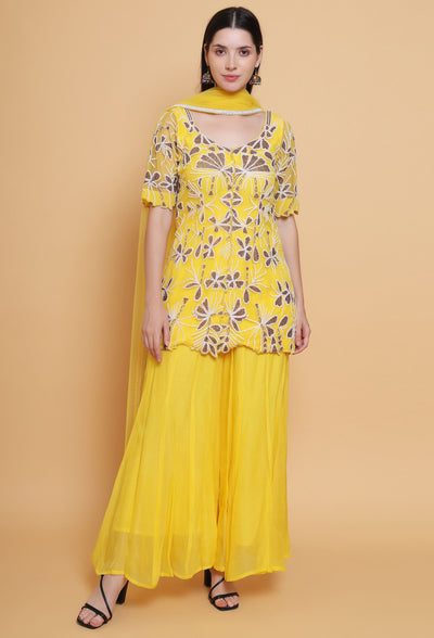 Destiny By Anjali Golden Aura Bright Yellow Suit - Hand-Embroidered Cut Stone Ensemble for Elegant Occasions