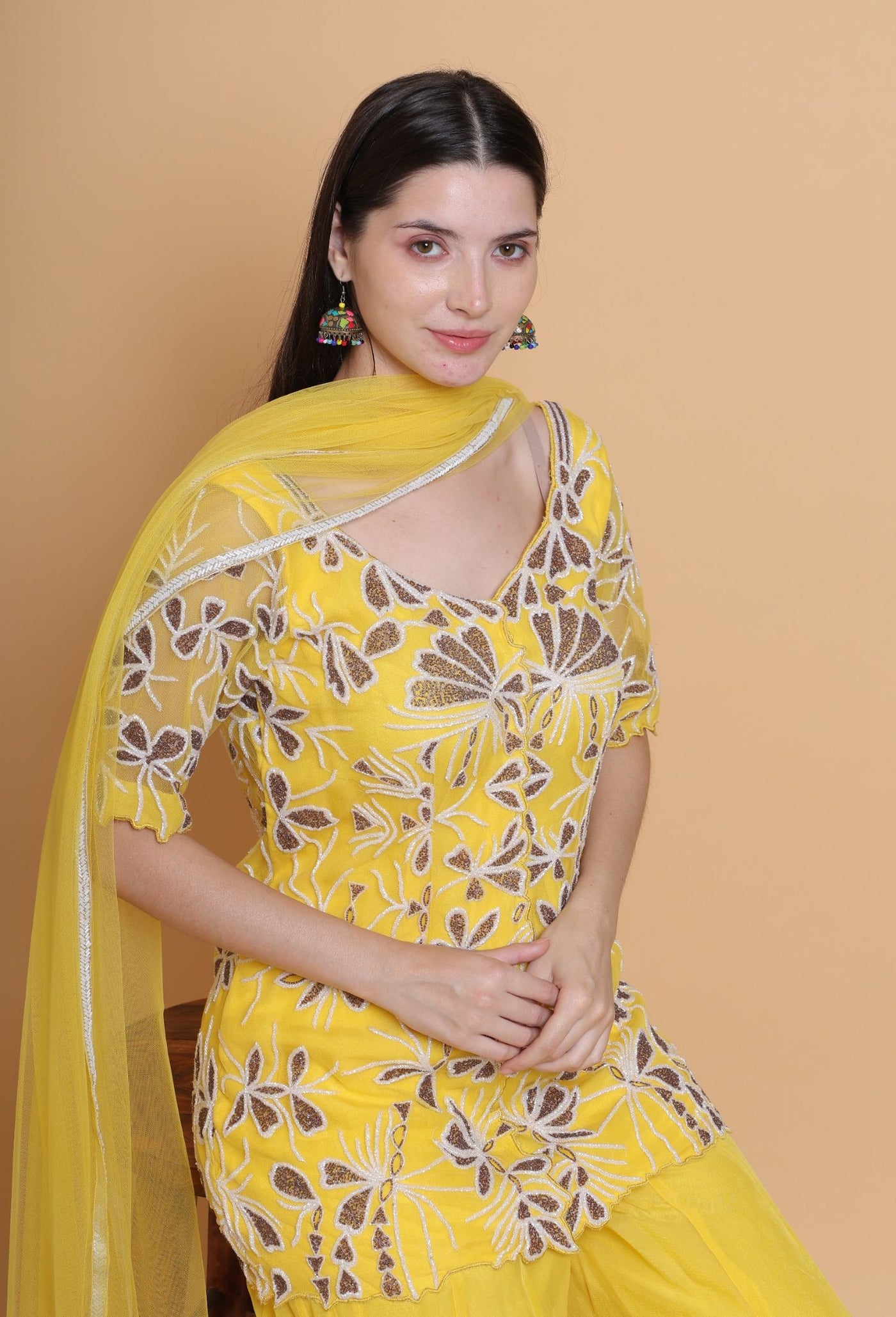 Destiny By Anjali Golden Aura Bright Yellow Suit - Hand-Embroidered Cut Stone Ensemble for Elegant Occasions