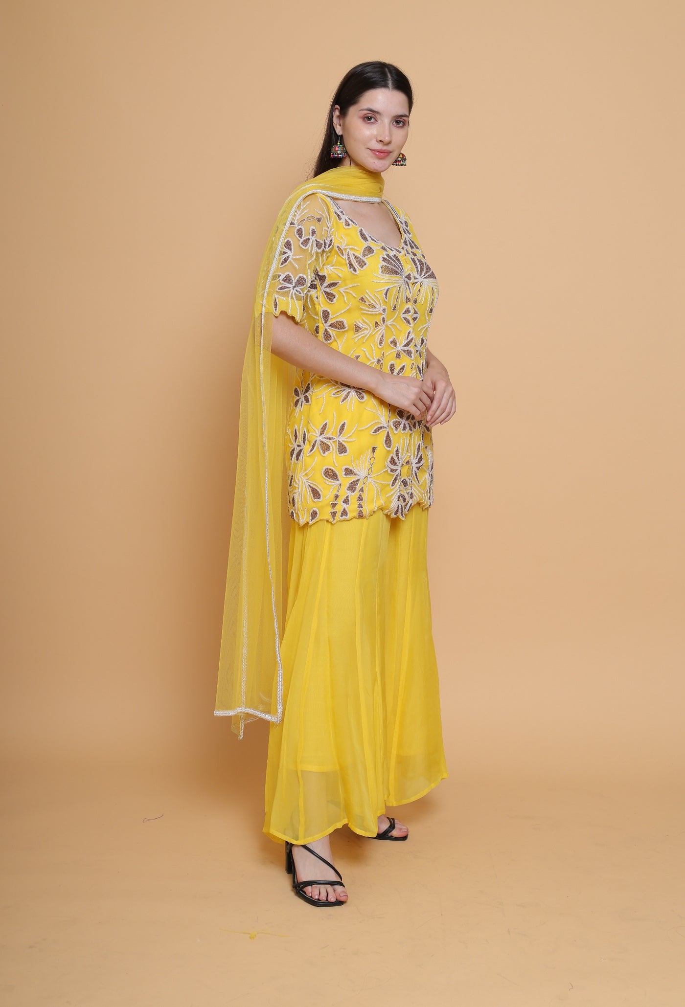 Destiny By Anjali Golden Aura Bright Yellow Suit - Hand-Embroidered Cut Stone Ensemble for Elegant Occasions