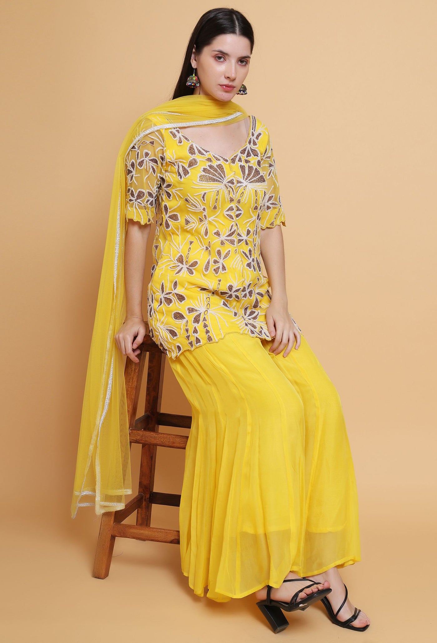 Destiny By Anjali Golden Aura Bright Yellow Suit - Hand-Embroidered Cut Stone Ensemble for Elegant Occasions