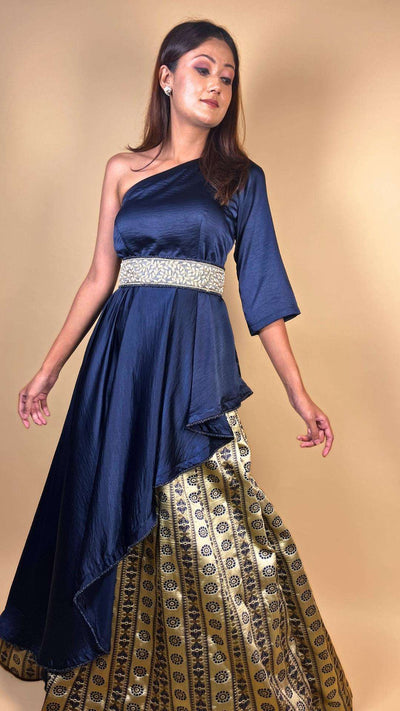 Destiny By Anjali Dark Blue One Side Shoulder Embroidered Top and Jacquard Skirt Set - Unique Cape Top, Trending Jacquard Skirt, Fashionable Two-Piece Skirt and Top for Women