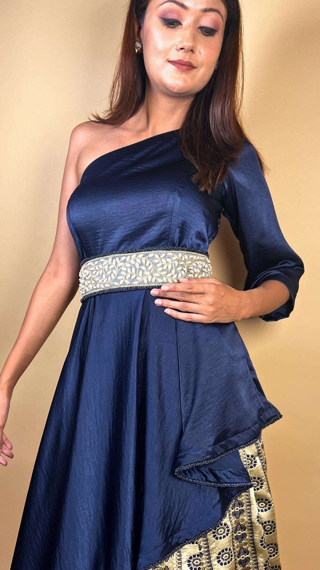 Destiny By Anjali Dark Blue One Side Shoulder Embroidered Top and Jacquard Skirt Set - Unique Cape Top, Trending Jacquard Skirt, Fashionable Two-Piece Skirt and Top for Women