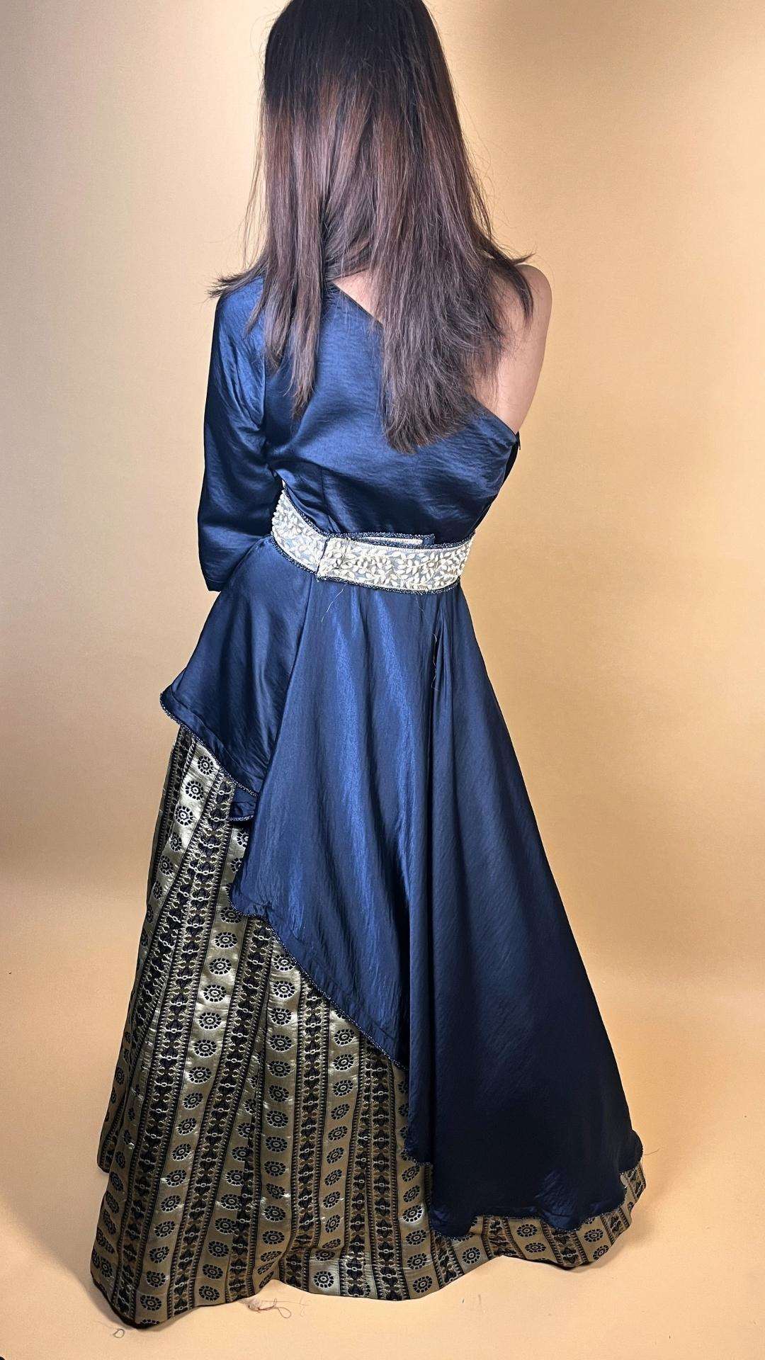 Destiny By Anjali Dark Blue One Side Shoulder Embroidered Top and Jacquard Skirt Set - Unique Cape Top, Trending Jacquard Skirt, Fashionable Two-Piece Skirt and Top for Women