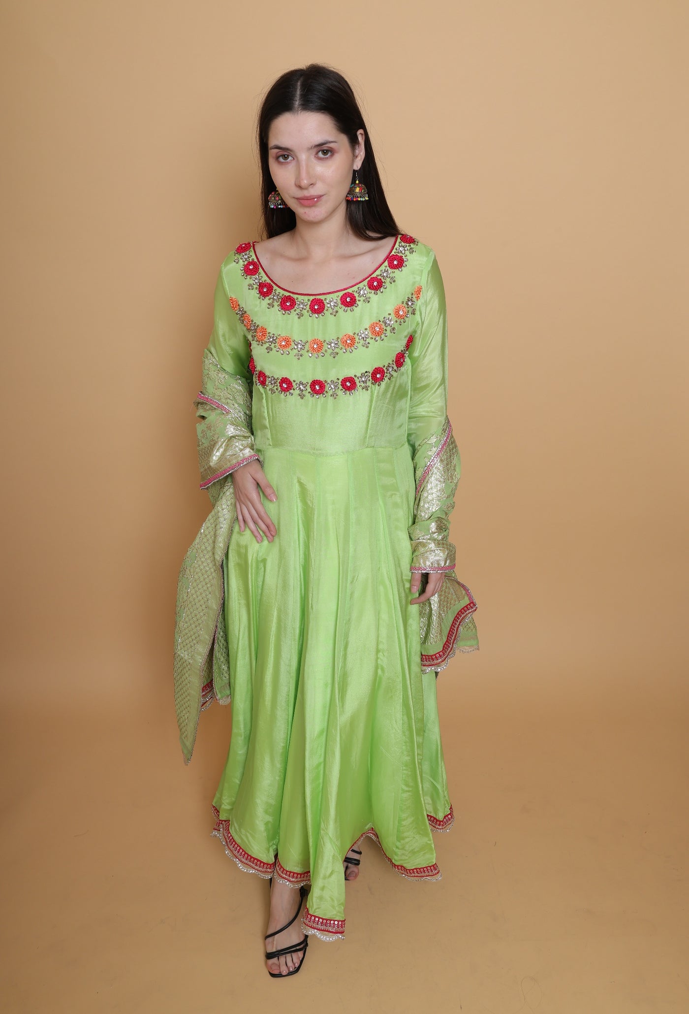 Destiny By Anjali Paradise Bloom Parrot Green Anarkali Suit - Hand-Embroidered Crochet Flower Details, Pure Crepe Fabric
